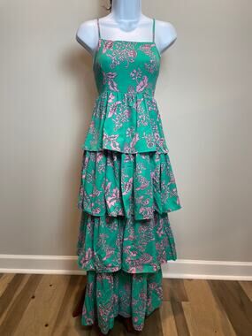 Entro Boutique Green Pink Floral Layered Ruffle Dress with Square Neck Size M